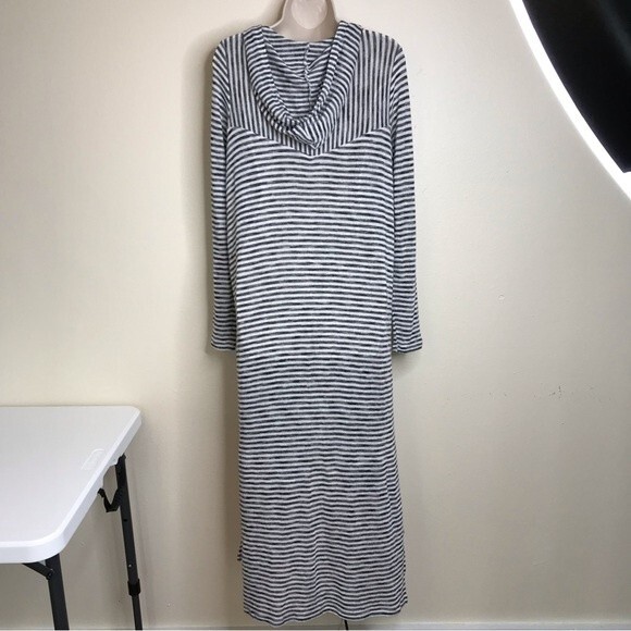 Copper Key Long Black White Stripe Duster Open Front Hooded Sweater Size Large - Picture 11 of 11